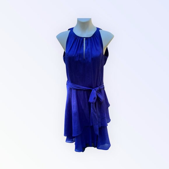 TAHARI Sparkling Blue Belted Ruffle Dress Size 10 – Elegant Party Cocktail - Picture 3 of 10